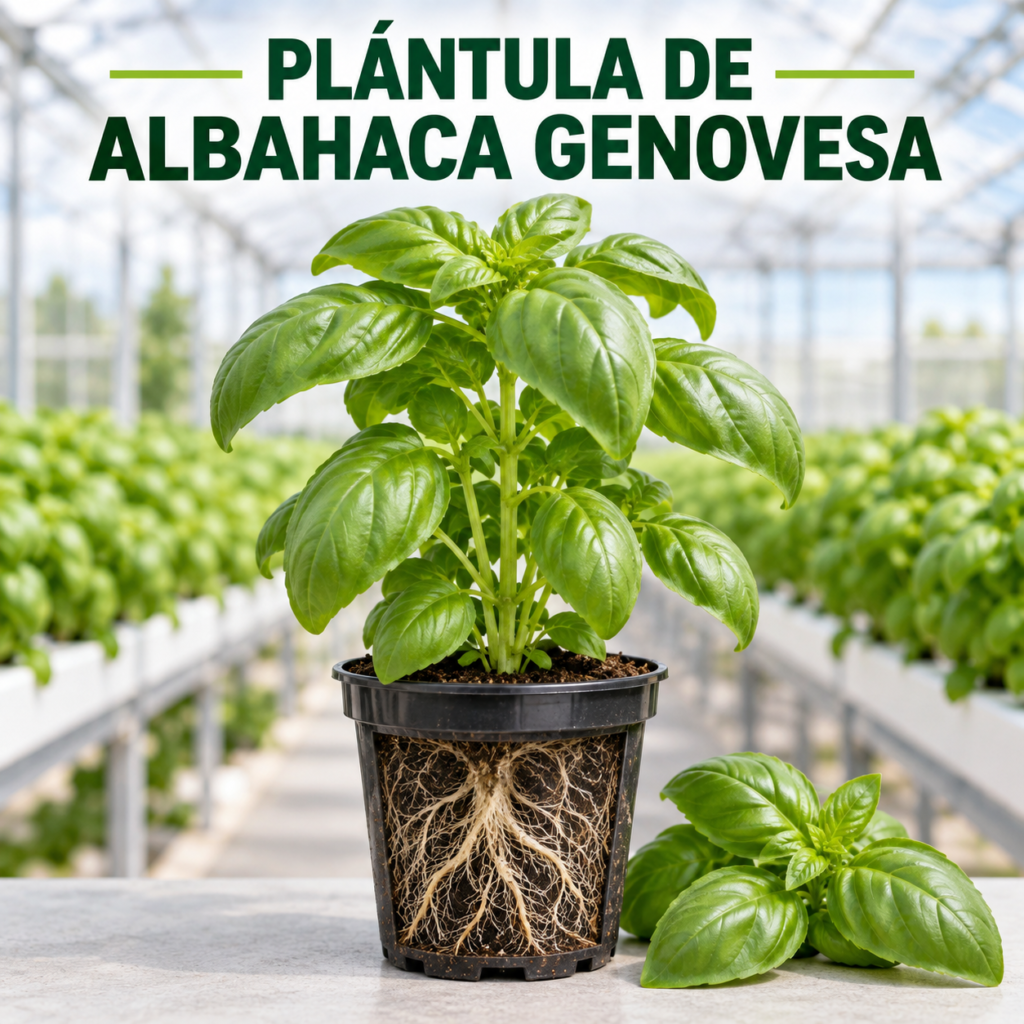 Plántula de albahaca genovesa saludable para cultivo hidropónico y huerta urbana