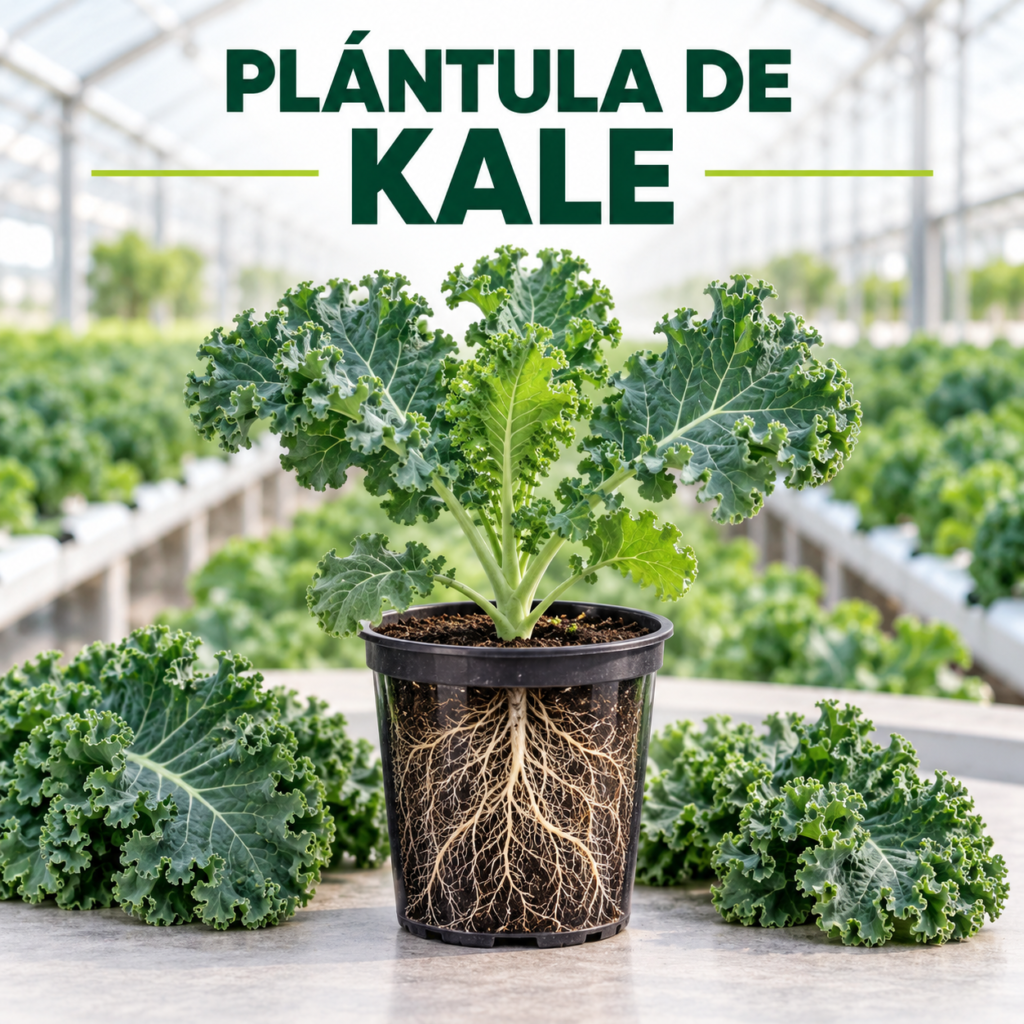 Plántula de kale con hojas rizadas para cultivo hidropónico y huerta urbana